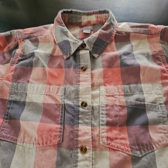 Carhartt Womens Coral Gray Plaid Cotton Button Shirt M 8/10 Western Cowgirl Farm - Picture 12 of 12